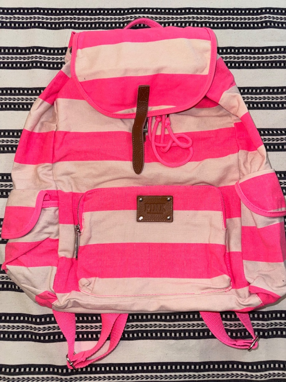 NWOT, Y2K PINK Victoria's Secret Neon Pink Striped Canvas Backpack, Vintage - Picture 2 of 11